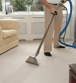 Professional carpet cleaner using a hot-water extraction wand and hose machine in a living room in Madison, WI.
