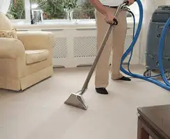 Carpet cleaning professional removing dirt and stains with a hot-water extraction tool in a home, Madison, WI.